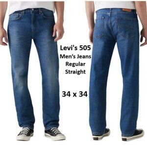 Levis 505 Mens Jeans W34 L34 Blue Regular Straight Fit NWT Classic